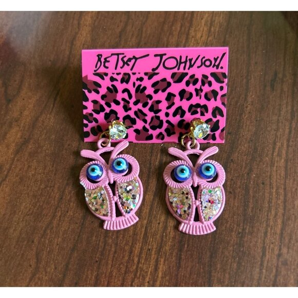 Betsey Johnson Pink Owl Dangle Earrings With Glitter And Beaded Eyes - Picture 1 of 4